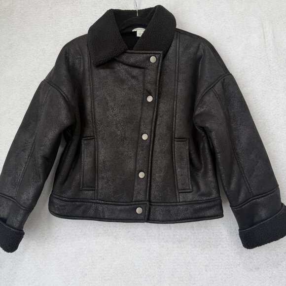 Sundance Jacket Womens Small Black Faux Shearling Sherpa Lined Aviator Moto Snap - Picture 1 of 9